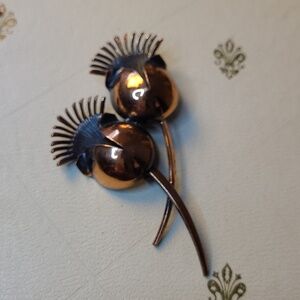 Vintage Copper-tone And Black Double Flower Brooch